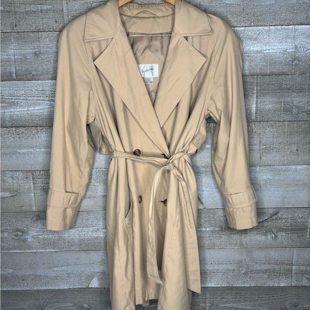 Jacqueline Ferrar small vintage beige button tie waist trench coat fall autumn